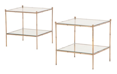 PAIR BRONZE AND GLASS FAUX BAMBOO TABLES WITH BALL FINIALS IN THE MANNER OF JANSEN C 1960.