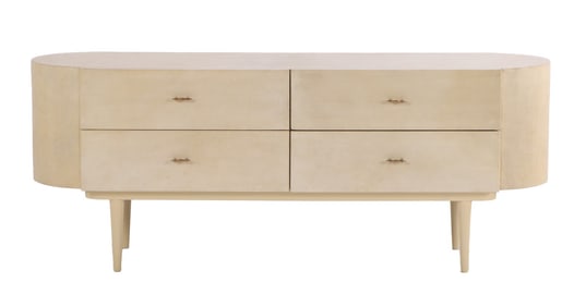 FOUR DRAWER DRESSER HAVING ROUNDED ENDS AND LEGS WRAPPED IN PARCHMENT C 1960.