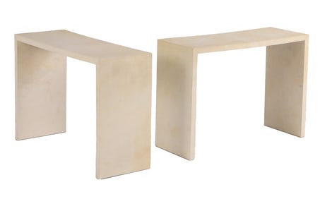 PAIR OF PARCHMENT COVERED CONSOLE TABLES IN THE MANNER OF JEAN-MICHEL FRANK.