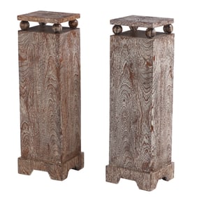 PAIR OF CERUSED OAK PEDESTALS HAVING BALL FORM SUPPORTS.