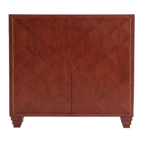 TWO DOOR STRAW MARQUETRY VENEERED CABINET HAVING A FULLY FITTED SYCAMORE INTERIOR AND STEPPED BASE