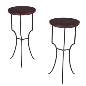 PAIR PETITE FRENCH MAHOGANY AND IRON DRINKS TABLES C 1950.