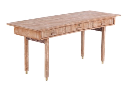 CERUSED OAK WRITING DESK HAVING THREE DRAWERS, A SHAPED TOP AND BRASS SABOT C 1945.