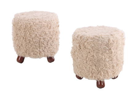Pair of Faux Lambskin Upholstered Stools in the Manner of Jean Royere Pair of Faux Lambskin Upholstered Stools in the Manner of Jean Royere