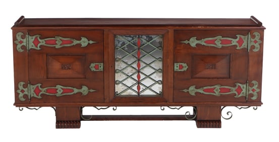 FRENCH OAK SIDEBOARD HAVING THREE DOORS AND PAINTED IRON STRAP HINGES WITH CENTRAL MIRRORED