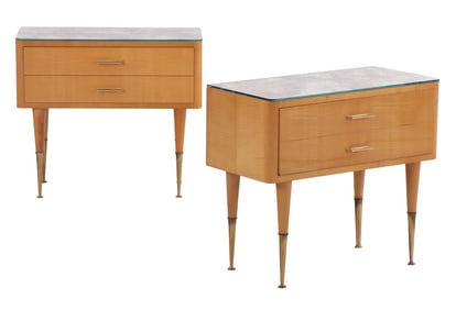 PAIR FRENCH SYCAMORE TWO DRAWER NIGHT STANDS HAVING MOTTLED MIRRORED TOPS C 1950.