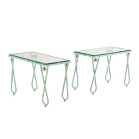 PAIR OF PAINTED IRON BRONZE MOUNTED END TABLES HAVING THICK GLASS TOPS IN THE MANNER OF JEAN