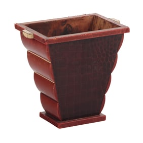 LEATHER, WOOD AND ALLIGATOR SKIN WASTEBASKET ATTRIBUTED TO JACQUES ADNET C 1940.
