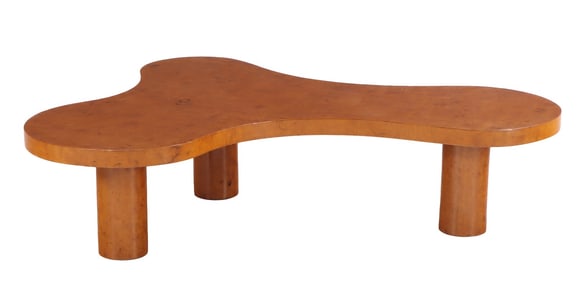UNUSUAL BURL WOOD BIOMORPHIC COFFEE TABLE RESTING ON ROUND LEGS,