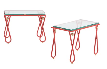 PAIR PAINTED IRON AND BRASS END TABLES WITH GLASS TOPS IN THE MANNER OF JEAN ROYERE.