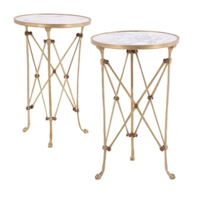 PAIR ROUND BRONZE MARBLE TOP TABLES IN THE NEO-CLASSICAL STYLE.