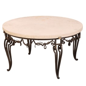 FINE WROUGHT IRON  COFFEE TABLE HAVING A PARIS STONE TOP ATTRIBUTED TO RAYMOND SUBES C 1940.