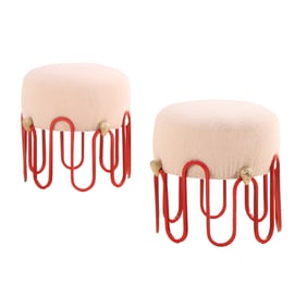PAIR PAINTED IRON UPHOLSTERED STOOLS WITH BRASS STRAWBERRIES IN THE MANNER OF JEAN ROYERE.