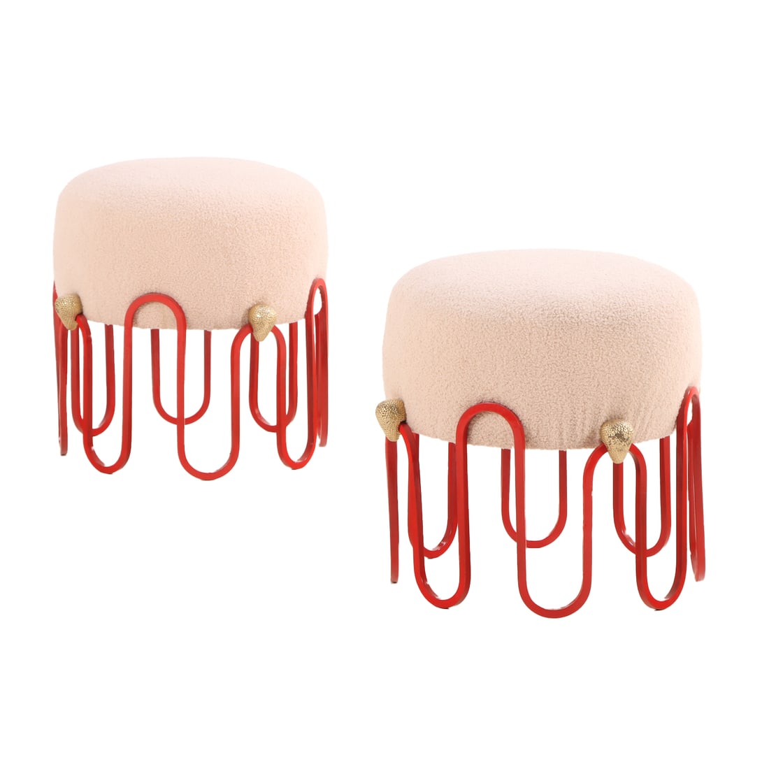 PAIR PAINTED IRON UPHOLSTERED STOOLS WITH BRASS STRAWBERRIES IN THE MANNER OF JEAN ROYERE. (1 of 3)