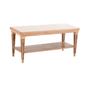 FRENCH CERUSED OAK COFFEE  TABLE HAVING A PARCHMENT TOP AND BRONZE MOUNTS C 1940.