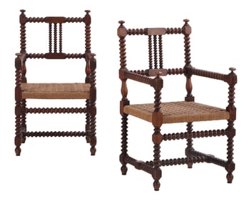 PAIR TURNED WOOD OPEN ARM CHAIRS WITH RUSH SEATS IN THE MANNER OF CHARLES DUDOUYT C 1940.