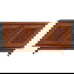 A MID CENTURY MODERN FRENCH MAHOGANY THREE DOOR SIDEBOARD HAVING NATURALISTIC CARVED DOOR PANELS