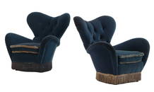 PAIR ITALIAN ART DECO STYLE BUTTON BACK LOUNGE CHAIRS HAVING EXAGGERATED LINES C 1945.