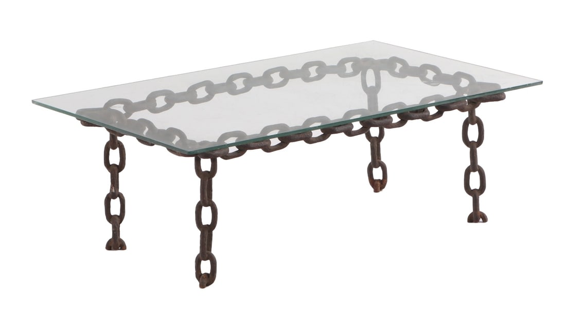 BRUTALIST STYLE IRON CHAIN LINK GLASS TOP COFFEE TABLE. (1 of 6)