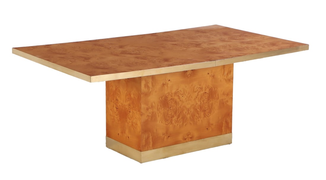 TWO PIECE BURL OLIVE WOOD AND BRASS DINING TABLE C 1970 IN THE MANNER OF WILLY RIZZO. (1 of 5)