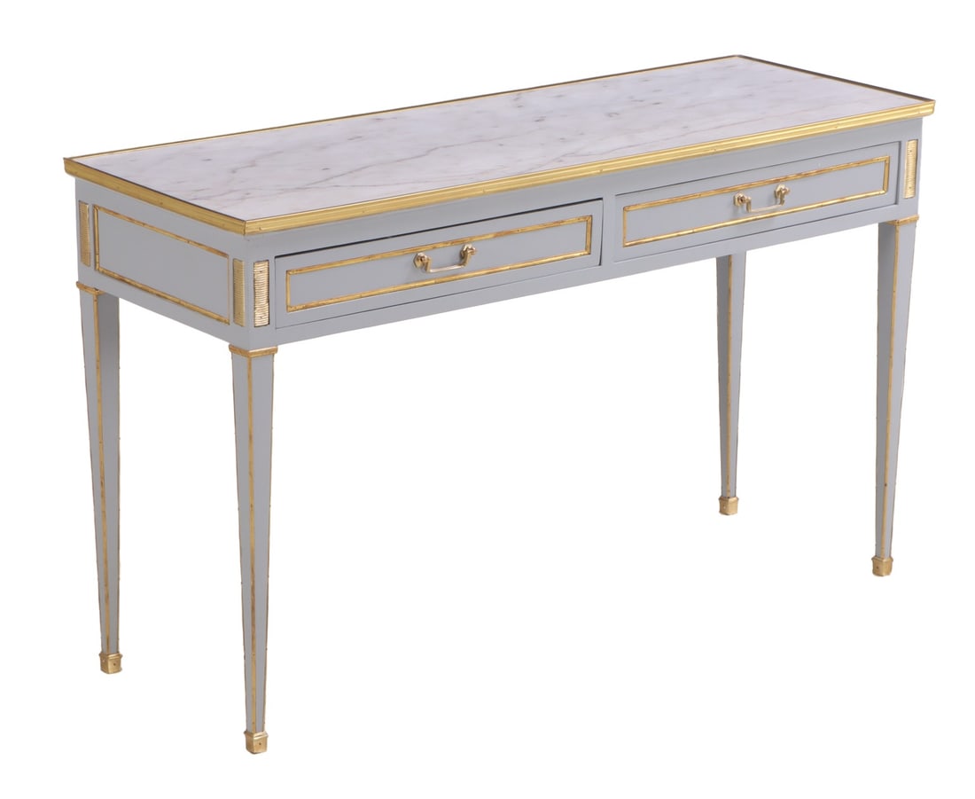GREY PAINTED AND BRONZE MOUNTED MARBLE TOP CONSOLE TABLE C 1960. (1 of 6)