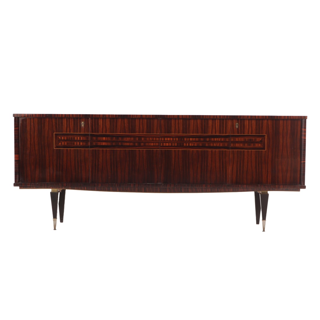 FRENCH FOUR DOOR SIDEBOARD IN EBONY MACASSAR HAVING METAL MOUNTED LEGS AND A SYCAMORE INTERIOR (1 of 7)