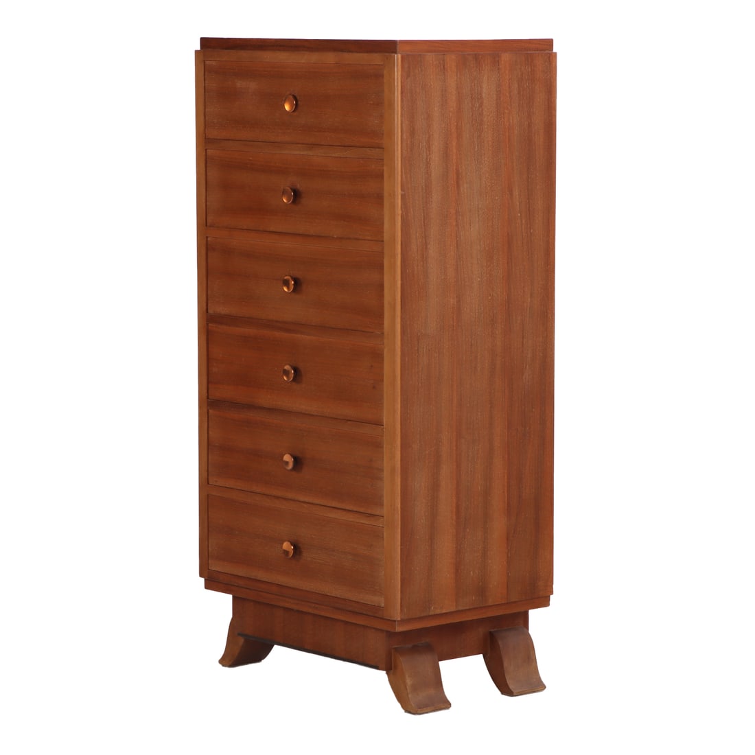 FRENCH MAHOGANY ART DECO NARROW CHEST OF DRAWERS C 1935. (1 of 6)
