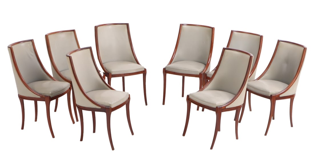 EIGHT GONDOLA FORM MAHOGANY DINING CHAIRS C 1960.: Eight gondola form mahogany dining chairs C 1960. Ht: 35" Wd: 19" Dpth: 22.5" Seat: 19"