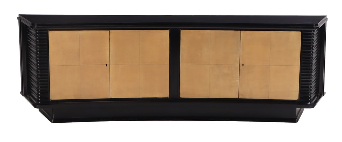ELEGANT CONCAVE EBONIZED WOOD AND PARCHMENT SIDEBOARD DESIGNED BY  ENGLANDER AND BONTA C 1960. (1 of 6)