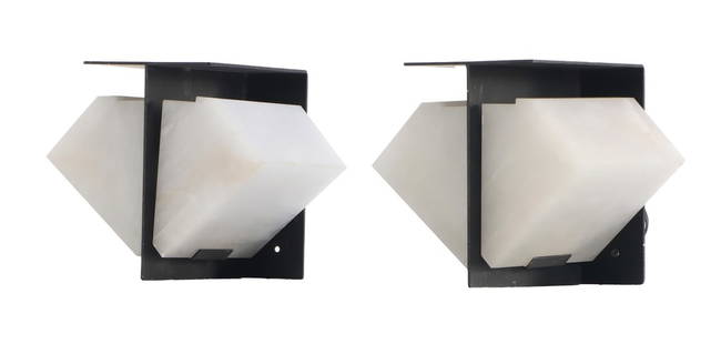 A PAIR OF PIERRE CHAREAU STYLE BLACK METAL WALL SCONCES HAVING ALABASTER SHADES.: A pair of Pierre Chareau style black metal wall sconces having alabaster shades. Ht: 8.25" Wd: 9.25" Dpth: 8.25"