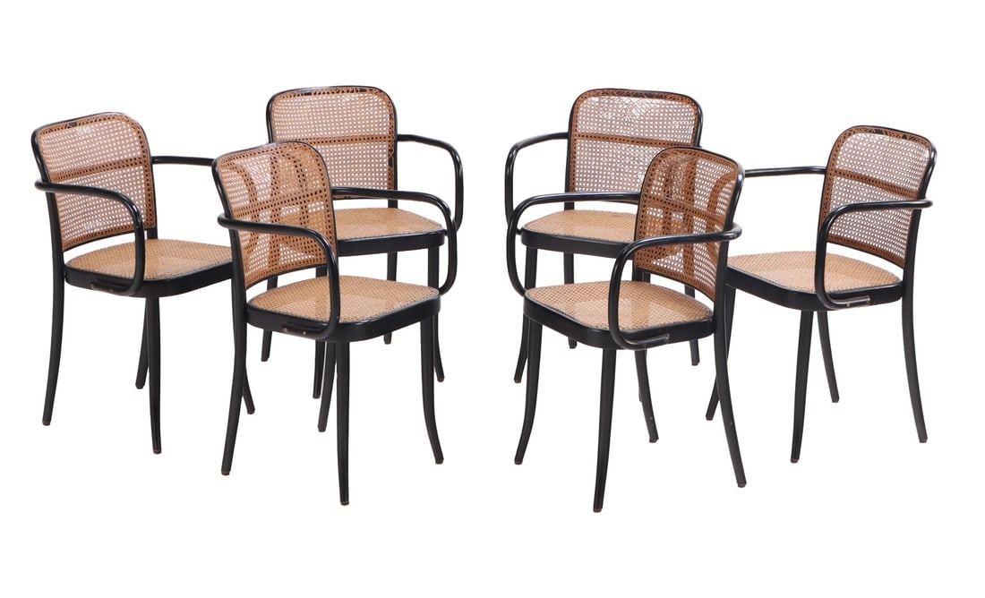 SIX EBONIZED BENTWOOD ARM CHAIRS HAVING CANE SEATS AND BACKS IN THE MANNER OF THONET C 1960. (1 of 7)