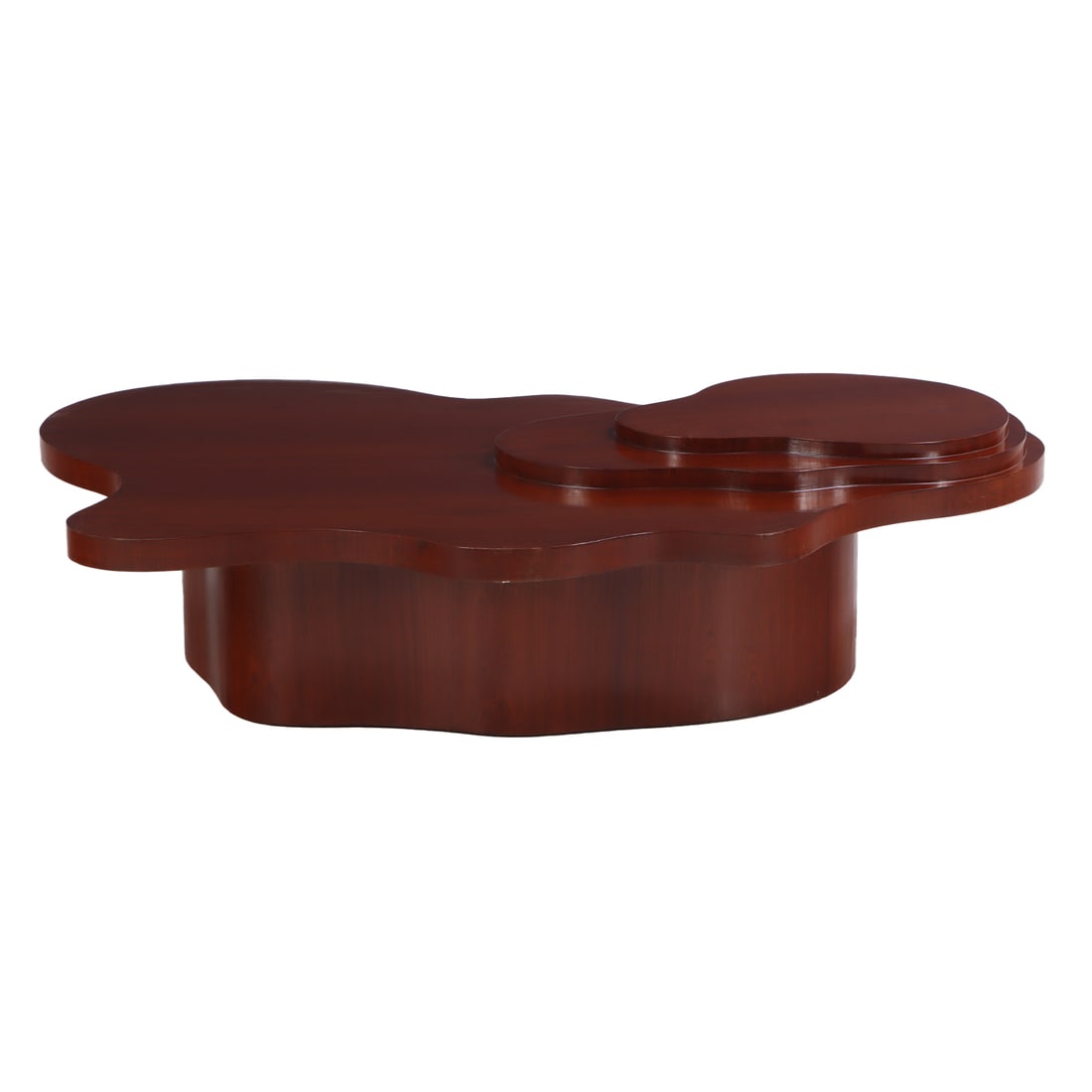 A LARGE "MESA" COFFEE TABLE WITH TIERED DESIGN IN MAHOGANY VENEER.: A large "Mesa" coffee table with tiered design in mahogany veneer. Ht: 18" Wd: 72" Dpth: 47"