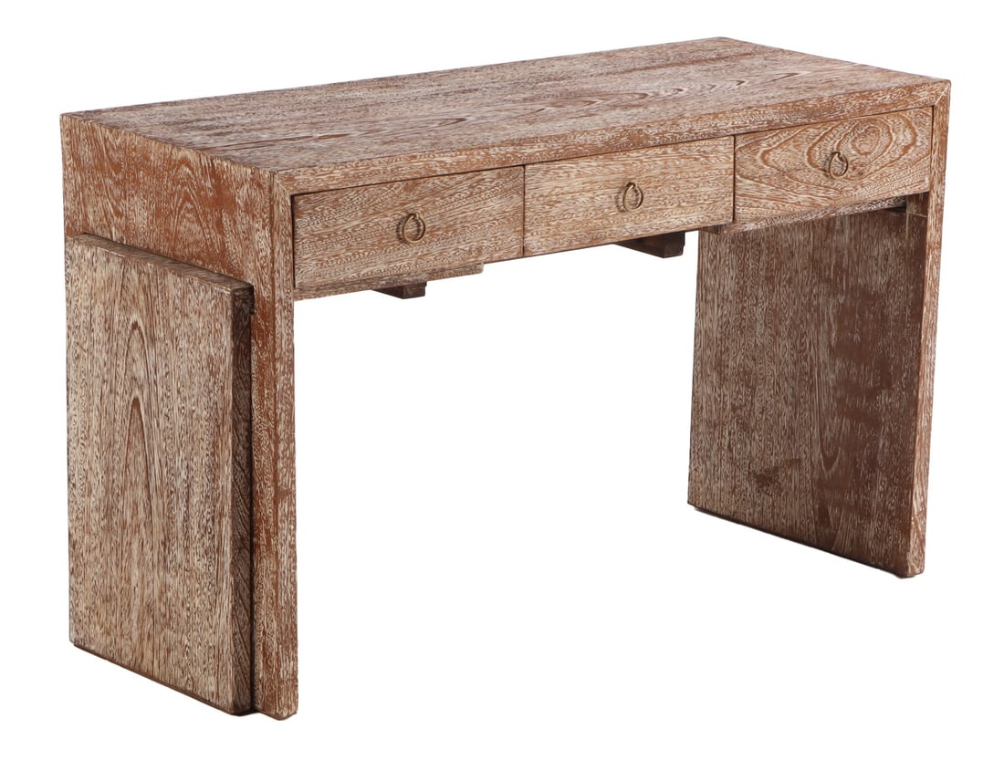 CERUSED OAK WRITING DESK IN THE MANNER OF JEAN-MICHEL FRANK HAVING PULL OUT WORK SLIDES AND (1 of 6)