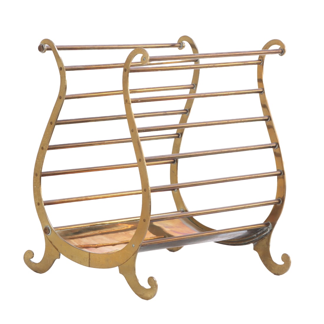 FRENCH BRONZE MAGAZINE RACK HAVING LYRE ENDS C 1960. (1 of 6)