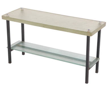 FRENCH IRON COFFEE OR END TABLE HAVING A TEXTURED GLASS TOP BY SAINT GOBAIN C 1950.: French iron coffee or end table having a textured glass top by Saint Gobain C 1950. Ht: 17.75" Wd: 32" Dpth: 11.75"
