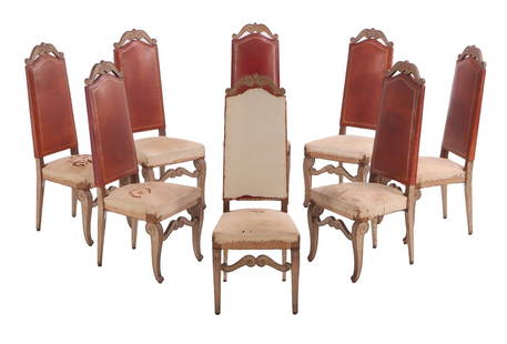 EIGHT TALL BACK FRENCH CERUSED OAK AND LEATHER DINING CHAIRS ATTRIBUTED TO JEAN-CHARLES MOREUX C: Eight tall back French cerused oak and leather dining chairs attributed to Jean-Charles Moreux C 1940. Ht: 48.75" Wd: 19" Dpth: 22.5" Seat: 19"