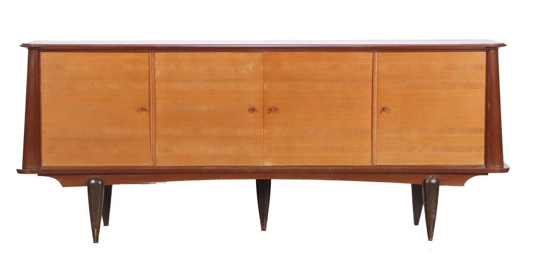 UNUSUAL OAK AND MAHOGANY SIDEBOARD IN THE MANNER OF ANDRE ARBUS C 1950 HAVING A SYCAMORE INTERIOR.: Unusual oak and mahogany sideboard in the manner of Andre Arbus C 1950 having a sycamore interior. Ht: 37.5" Wd: 92" Dpth: 20.5"