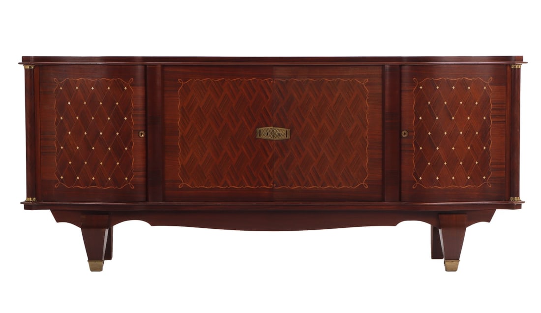 FRENCH ROSEWOOD AND INLAID SIDEBOARD WITH SYCAMORE LINED INTERIOR C 1950.: French rosewood and inlaid sideboard with sycamore lined interior C 1950. Ht: 38" Wd: 89" Dpth: 21.5"