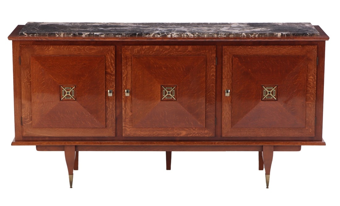 FRENCH ART DECO THREE DOOR OAK MARBLE TOP SIDEBOARD WITH METAL MOUNTS C 1945. (1 of 7)