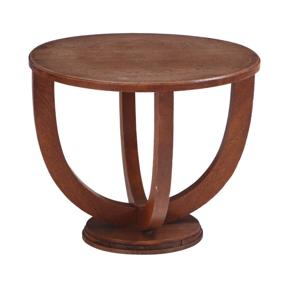 FRENCH ART DECO OAK OCCASIONAL TABLE WITH DOWNSWEPT LEGS AND CIRCULAR TOP. (1 of 4)