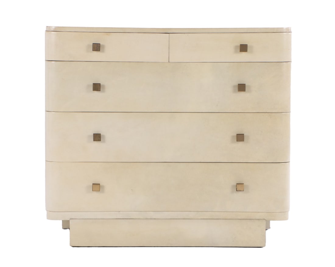 PARCHMENT COVERED ART DECO DRESSER HAVING TWO OVER THREE DRAWERS IN THE MANNER OF SAMUEL MARX C: Parchment covered Art Deco dresser having two over three drawers in the manner of Samuel Marx C 1940. Ht: 36" Wd: 39.25" Dpth: 19"