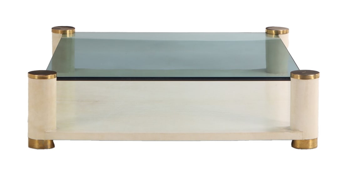 LARGE PARCHMENT, BRASS AND TINTED GLASS COFFEE TABLE IN THE MANNER OF KARL SPRINGER C 1970. (1 of 6)