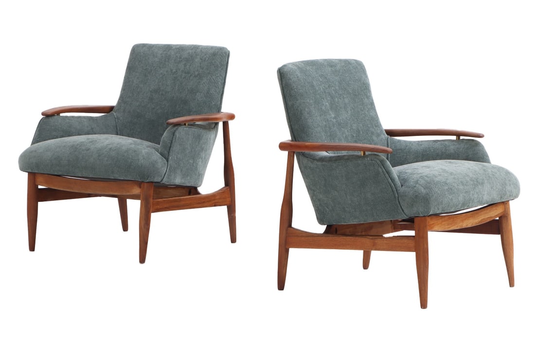 PAIR MAHOGANY UPHOLSTERED LOUNGE CHAIRS IN THE MANNER OF FINN JUHL C 1950 HAVING NEW FABRIC. (1 of 7)