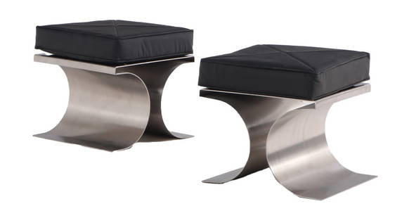 PAIR OF STAINLESS STEEL STOOLS DESIGNED BY MICHEL BOYER HAVING LOOSE LEATHER CUSHIONS.: Pair of stainless steel stools designed by Michel Boyer having loose leather cushions. Ht: 19" Wd: 20" Dpth: 19"