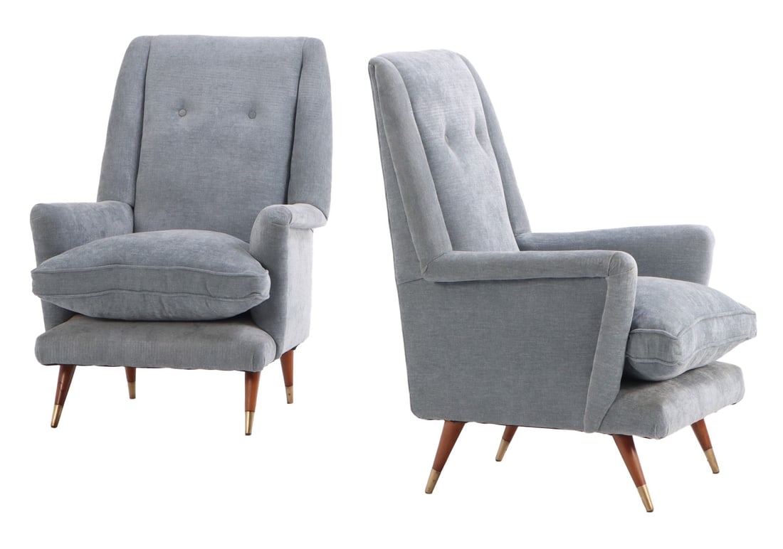 PAIR ITALIAN LOUNGE CHAIRS WITH ROLLED ARMS ON WOODEN FEET C 1950 WITH NEW FABRIC,: Pair Italian lounge chairs with rolled arms on wooden feet C 1950 with new fabric, Ht: 40.5" Wd: 28" Dpth: 32" Seat: 20"