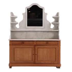 RARE NINETEENTH CENTURY PINE AND MARBLE CABINET WITH MIRROR. WOULD BE GREAT IN YOUR BATHROOM.