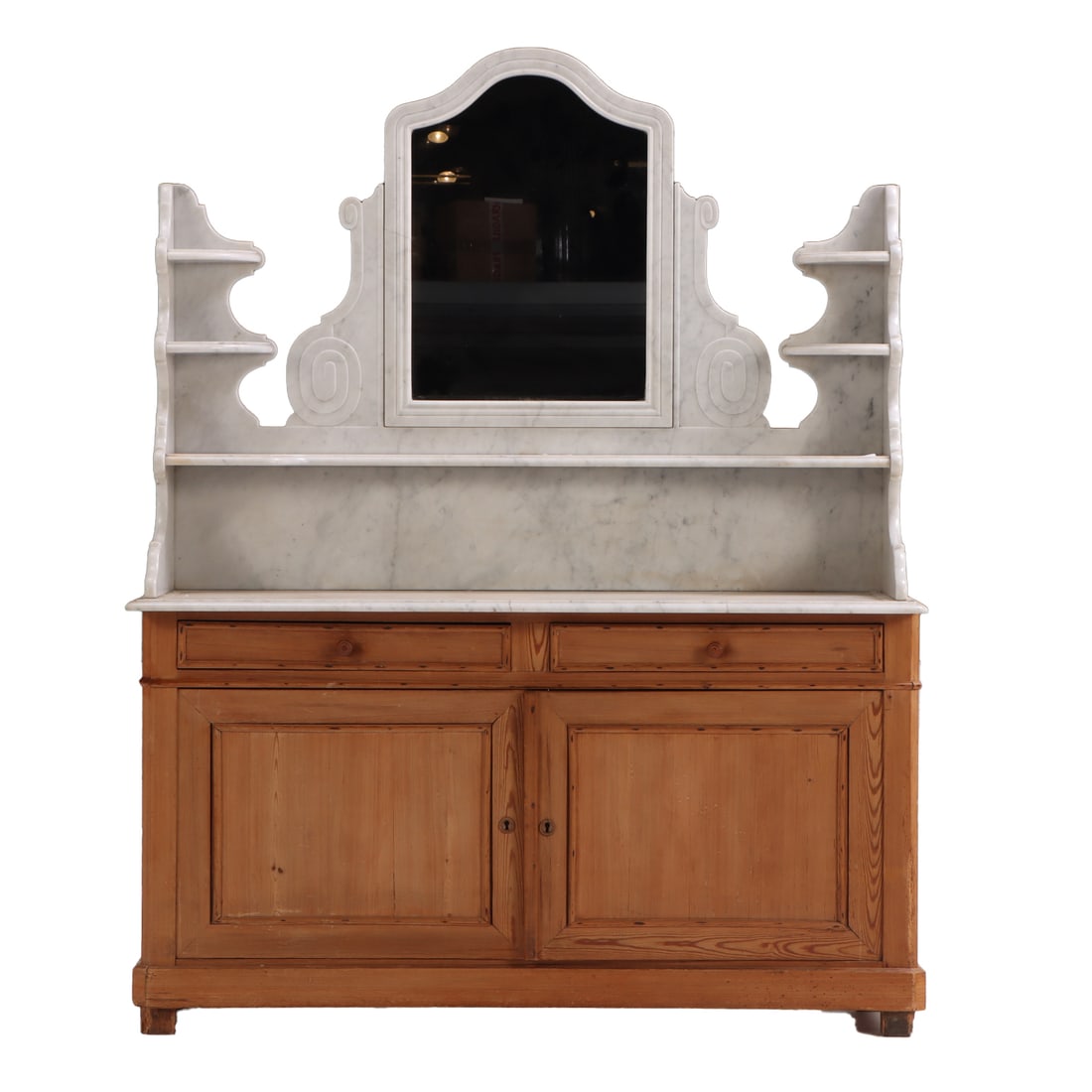 RARE NINETEENTH CENTURY PINE AND MARBLE CABINET WITH MIRROR. WOULD BE GREAT IN YOUR BATHROOM.
