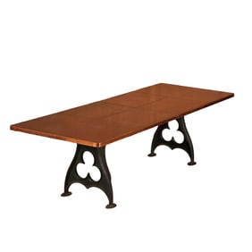 COPPER TOP TABLE HAVING CAST IRON BASES WITH GOTHIC TREFOIL DESIGN. BRANDED DAVID TEAGUE DESIGN