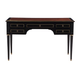 FRENCH EBONIZED MAHOGANY LOUIS XVI STYLE LEATHER TOP WRITING DESK HAVING TOOLED LEATHER WORK SLIDES