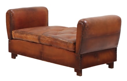 FRENCH LEATHER SOFA OR DAYBED WITH LOOSE CUSHIONS AND DROP DOWN ENDS C 1940.